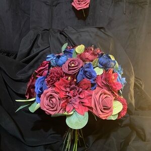 Burgundy and Navy Wedding Bouquet with matching boutonnière